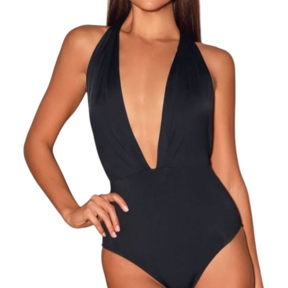 Lulu's Black Plunge One-Piece Swimsuit
